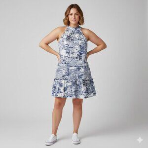 CALYPSO ST BARTH Woven Tiered Halter Mini Dress Tropical Blue/White Women L